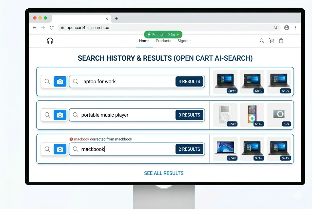 OpenCart search module — typo correction in action