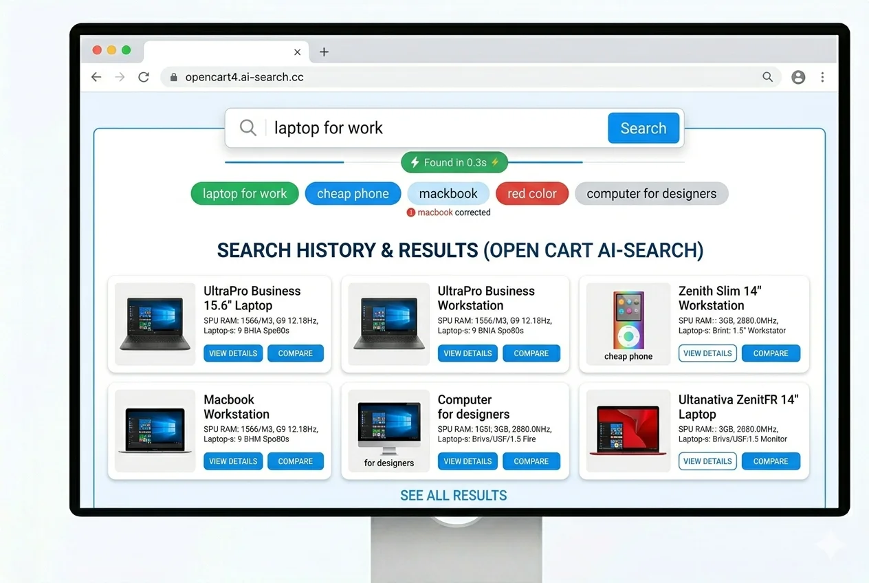 AI Search демо магазин OpenCart — живые результаты умного поиска