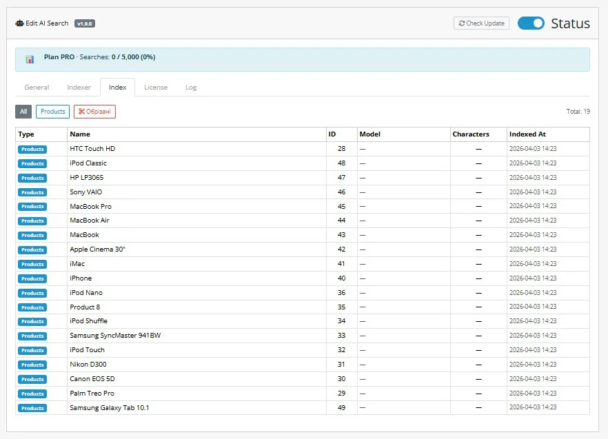 AI Search — Index tab showing indexed products list