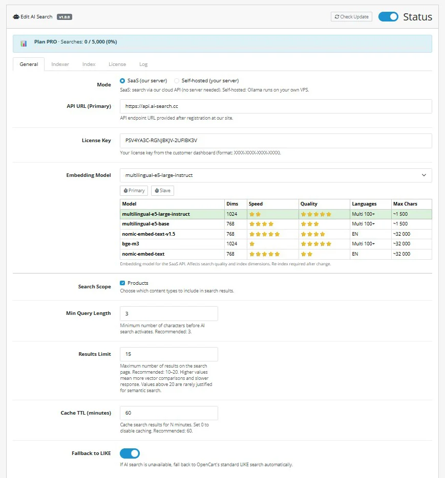 AI Search — General settings tab
