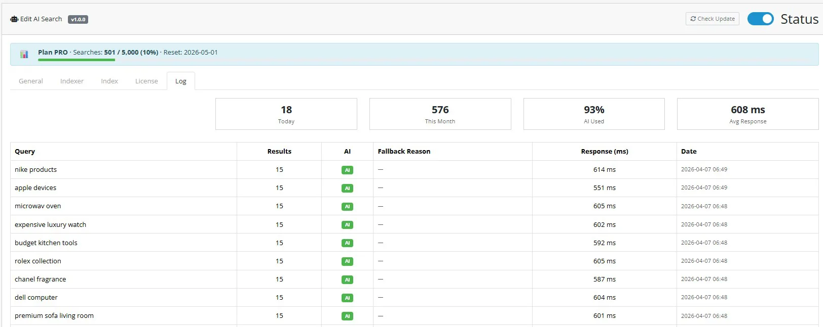 AI Search OpenCart module — search analytics and query log