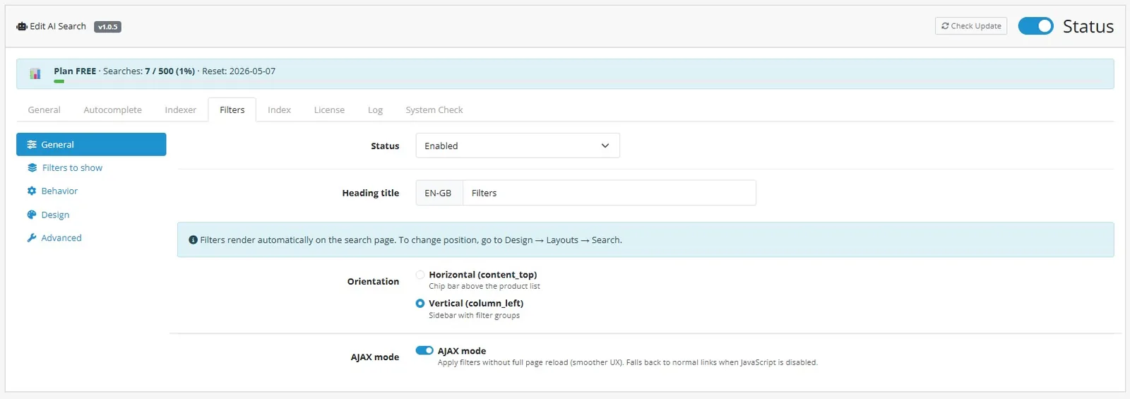 AI Search Filters tab — General settings (orientation, AJAX mode)