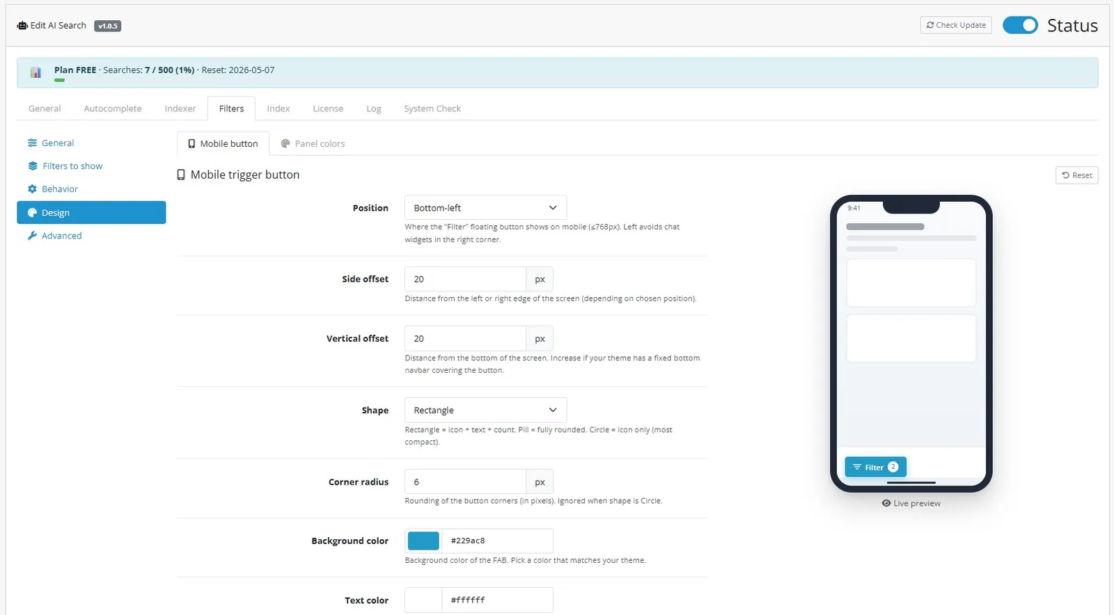 AI Search admin — mobile filter button design with iPhone live preview