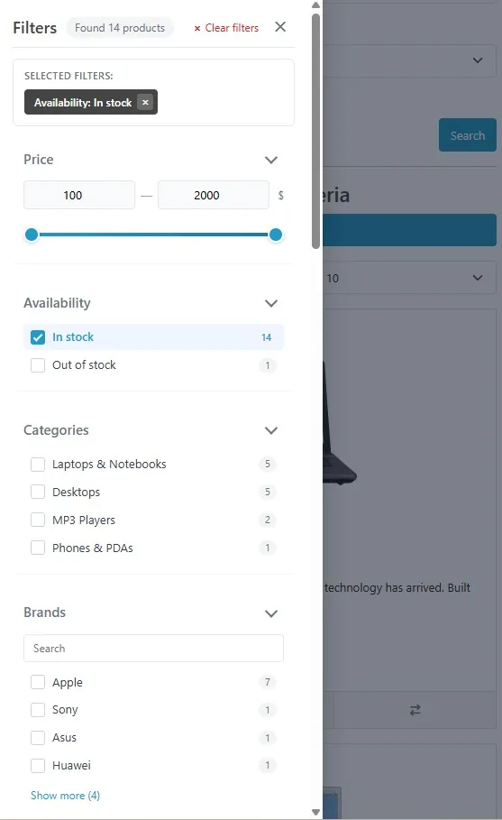 AI Search faceted filters on OpenCart search results page — Price slider, Availability, Categories, Brands